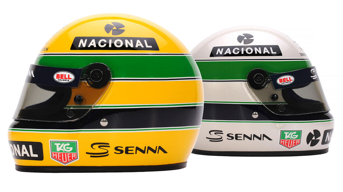 Bell Ayrton Senna 30 Year Legacy 1:2 Scale F1 Mini Helmet | Yellow & Pearl Liveries