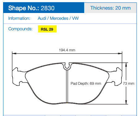 Pagid Racing Brake Pads No. 2830