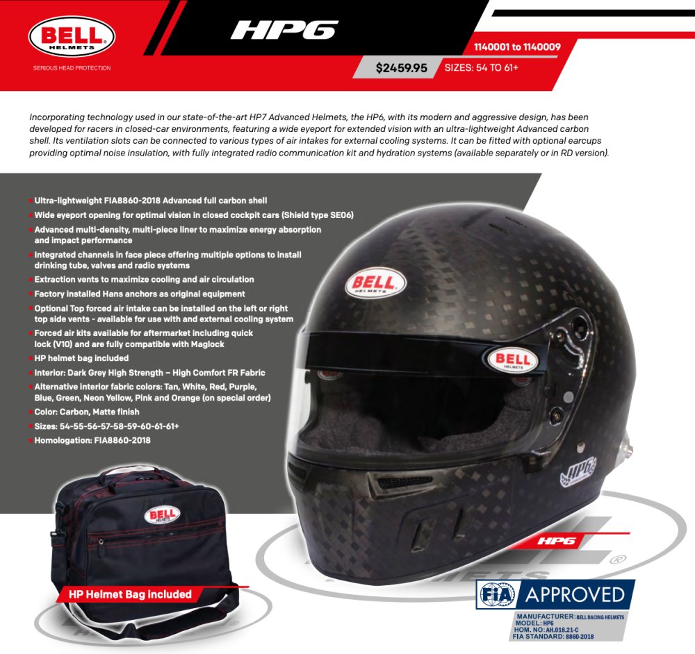 Bell Helmets HP6 FIA 8860-2018 Carbon Fiber Racing Helmet